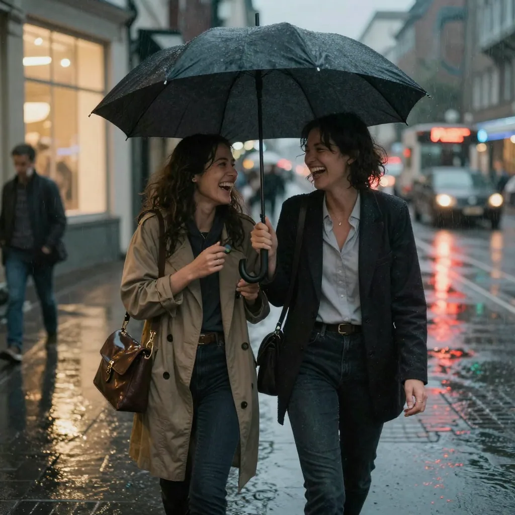 A close friendship moment: two people sharing an umbrella on a rainy evening street, laughing, neon reflections on the pavement, candid and