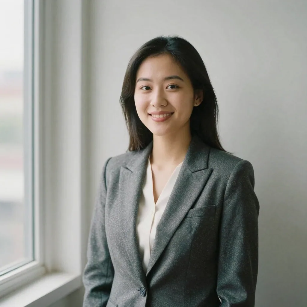 A young professional woman in a smart blazer standing against a clean light-grey wall, soft daylight, warm confident smile, polished job-application look