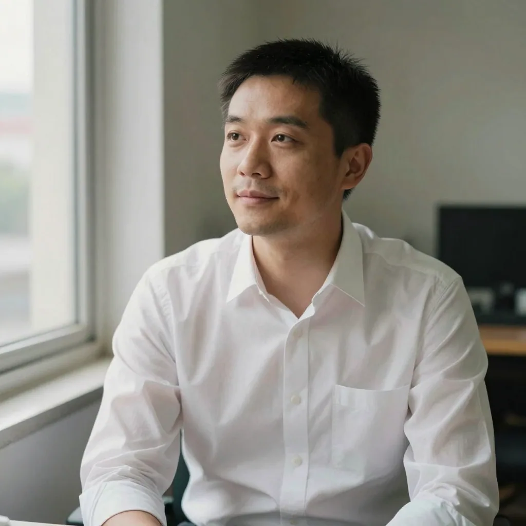 A man in a crisp white shirt seated near a bright window, natural light on his face, blurred neutral office interior behind, approachable presence