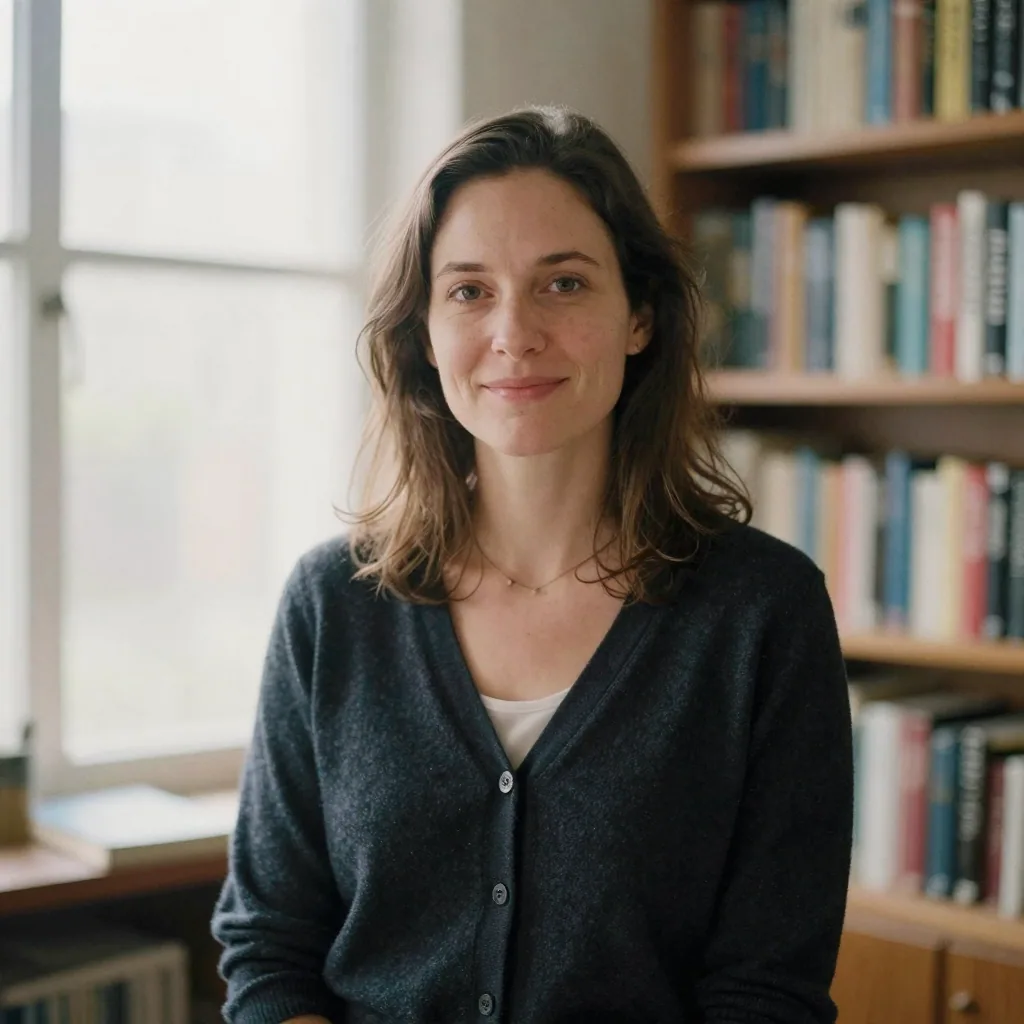 A woman in a dark cardigan standing in front of a softly blurred bookshelf, warm afternoon window light, friendly composed expression, professional