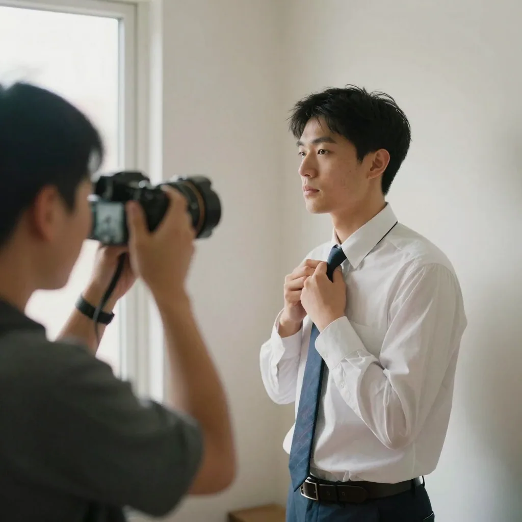 A job seeker adjusting his tie in front of a plain wall while a friend photographs him at eye level, bright natural light, neat professional look