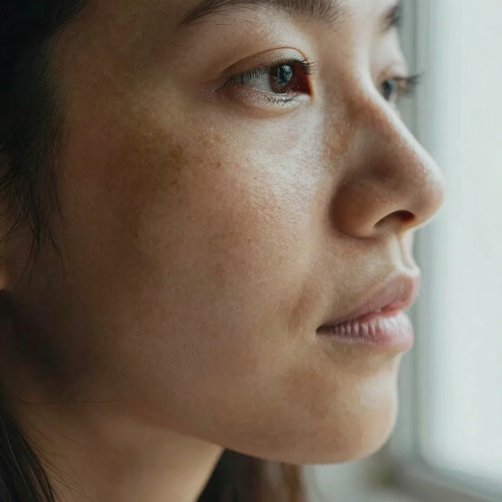 Extreme close-up of a woman's cheek and nose in soft window light, natural freckles scattered across warm skin, fine peach fuzz catching a g