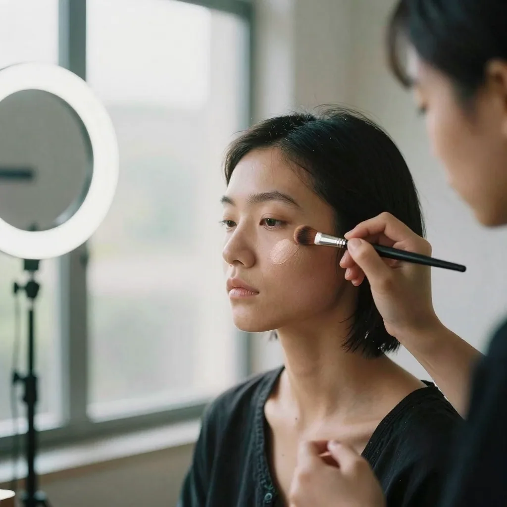A makeup artist's hand holding a fine brush near a model's cheekbone, dabbing shimmer highlighter, both in a bright studio with a soft ring 