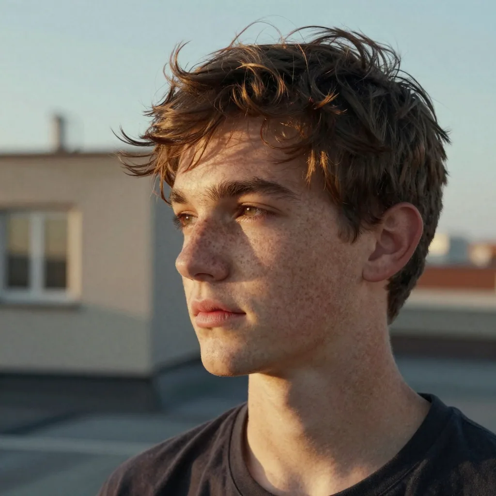 Half-face portrait of a freckled young man in golden-hour light on a rooftop, wind lifting his hair, pores and skin texture visible in crisp