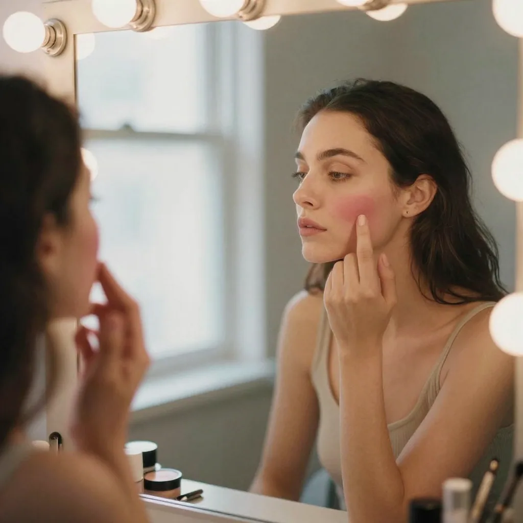 A woman applying a soft rose blush to her cheek with fingertips before a vanity mirror, warm bulbs glowing around the frame, soft morning li