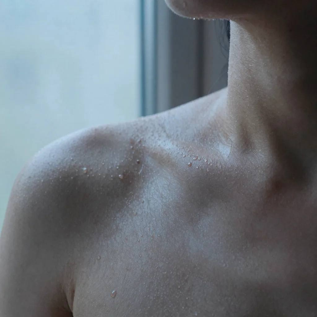 Macro of dewy skin on a bare shoulder and collarbone, tiny water droplets and subtle moles, cool blue morning light from a nearby window