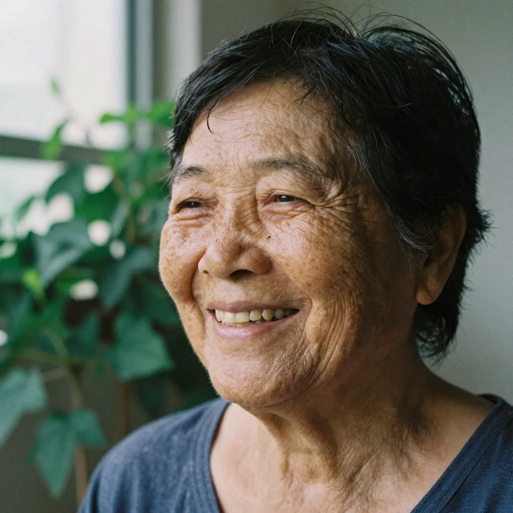 A smiling older woman's face in candid outdoor light, laugh lines and sun freckles across her cheeks, soft green foliage blurred behind her