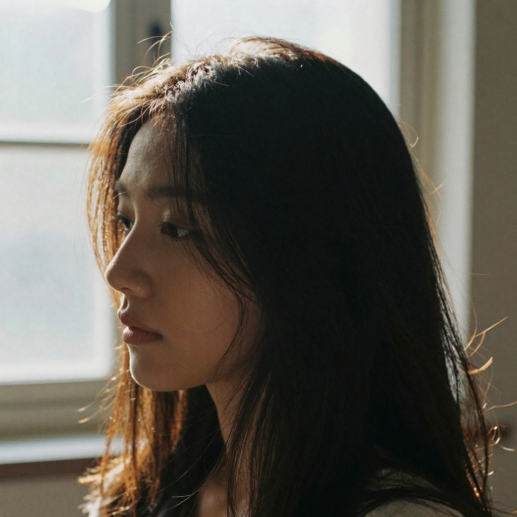 Backlit close-up of a woman's head against soft window light, wispy flyaway strands haloing outward, most hair smooth and glossy in warm mor