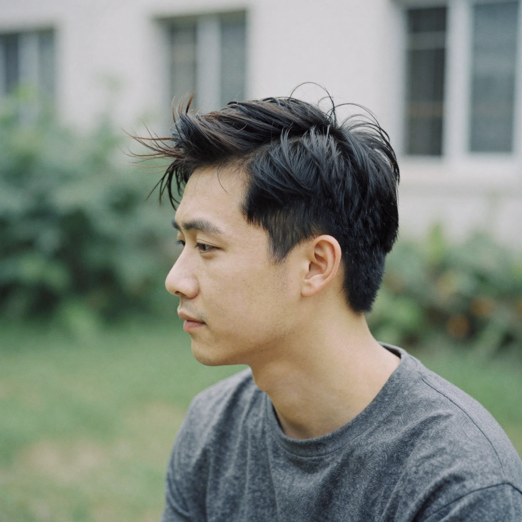 A groom outdoors on a windy afternoon, a few loose hairs lifting from an otherwise sleek combed style, soft blurred garden greenery behind h
