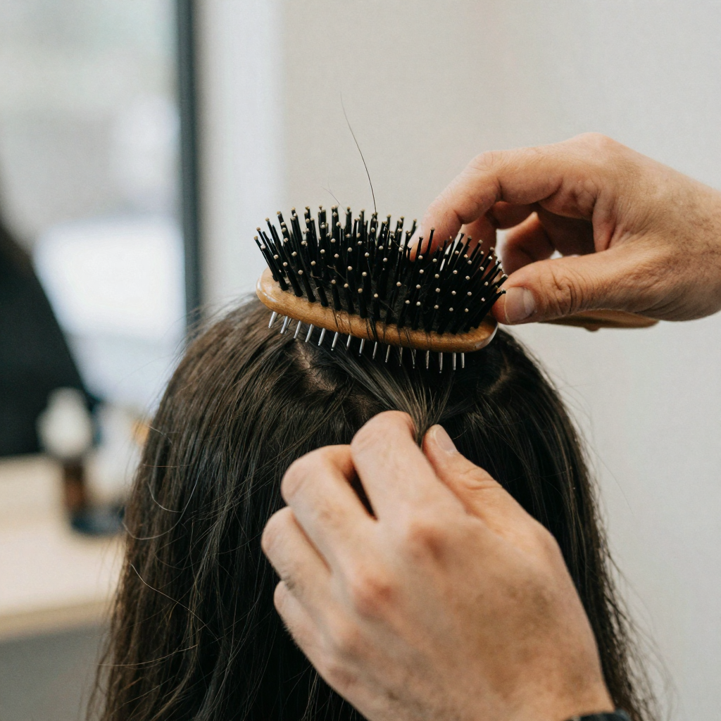 Macro of a hairstylist's fingers smoothing the crown of dark hair with a boar-bristle brush, a couple of static strands standing up in brigh