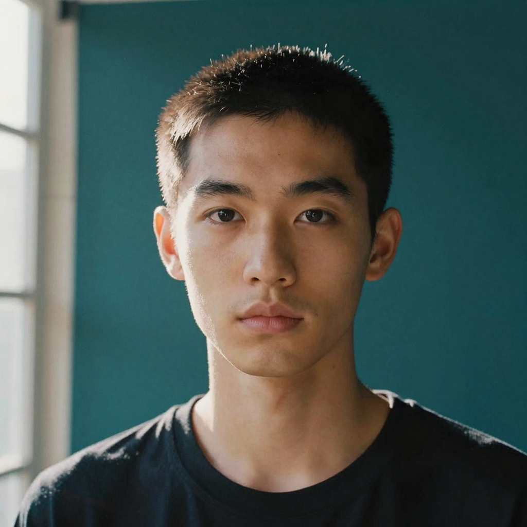 Studio portrait of a model against a deep teal backdrop, fine baby hairs at the hairline catching a rim light, the rest polished and control