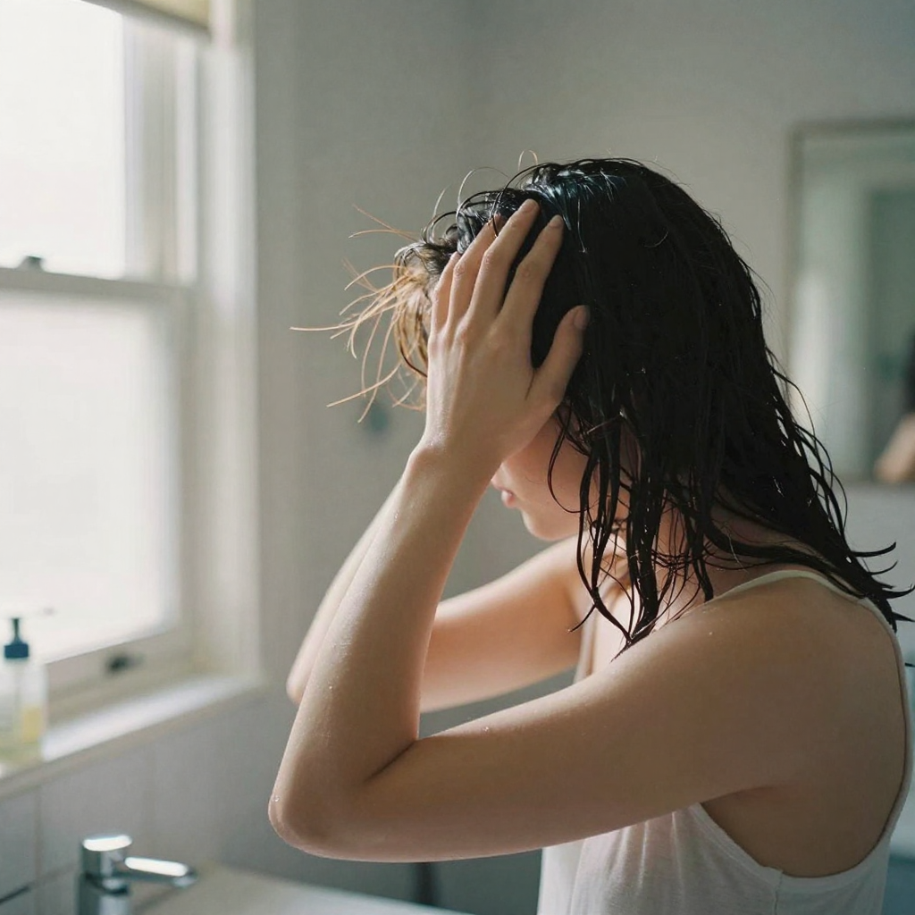 A woman in a bright bathroom pressing a palm over her damp hair near a mirror, a few frizzy flyaways lit by a window, calm and candid