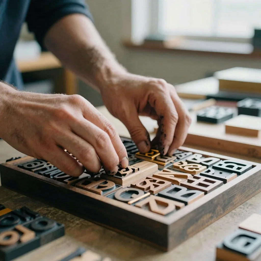 Close-up of a graphic designer's hands arranging small blank wooden letterpress blocks in a composing tray on a workbench, warm studio light