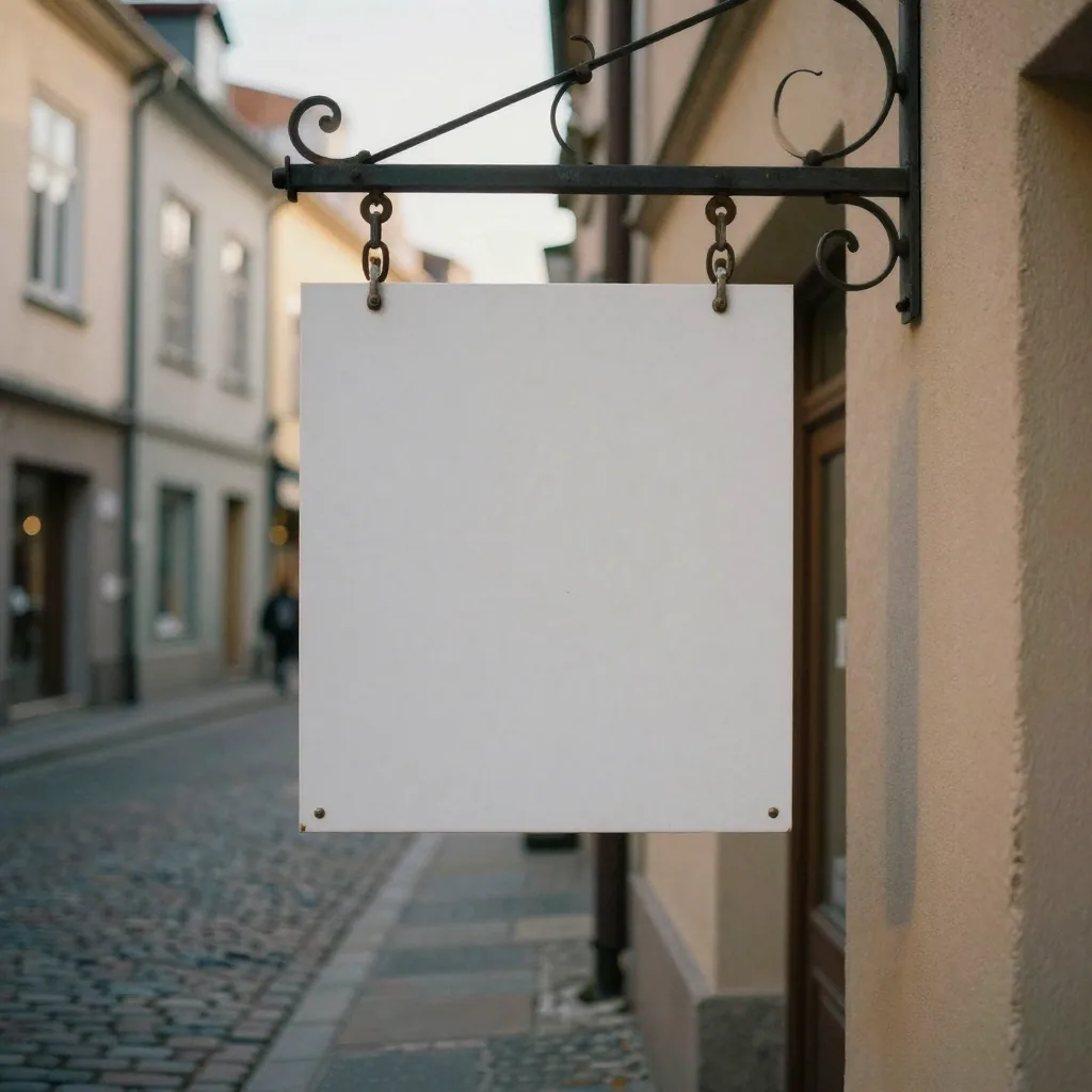 A blank white hanging shop sign swinging on wrought-iron brackets above a cobblestone European street at golden hour, no lettering on it