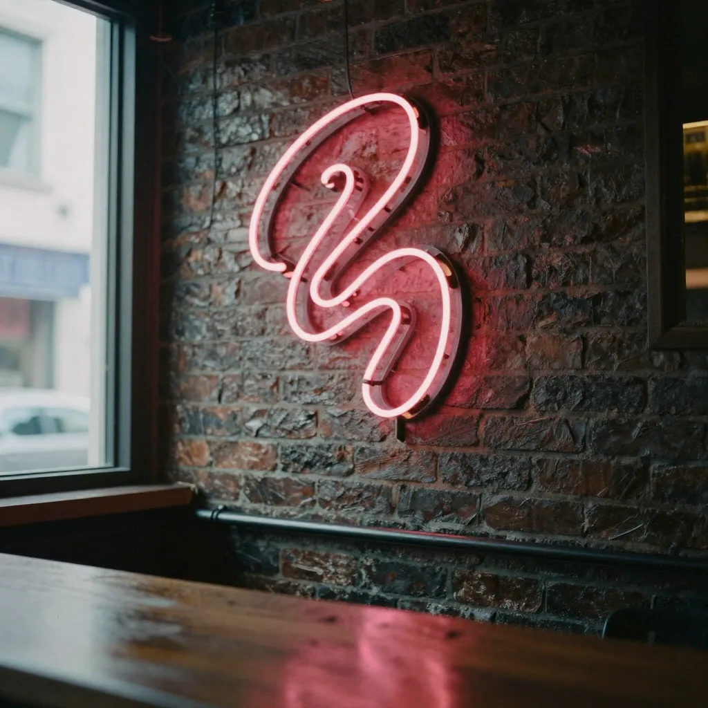 A neon tube sign bent into an abstract swirl glowing pink against a dark brick wall in a dim bar, no readable words, reflective wet pavement