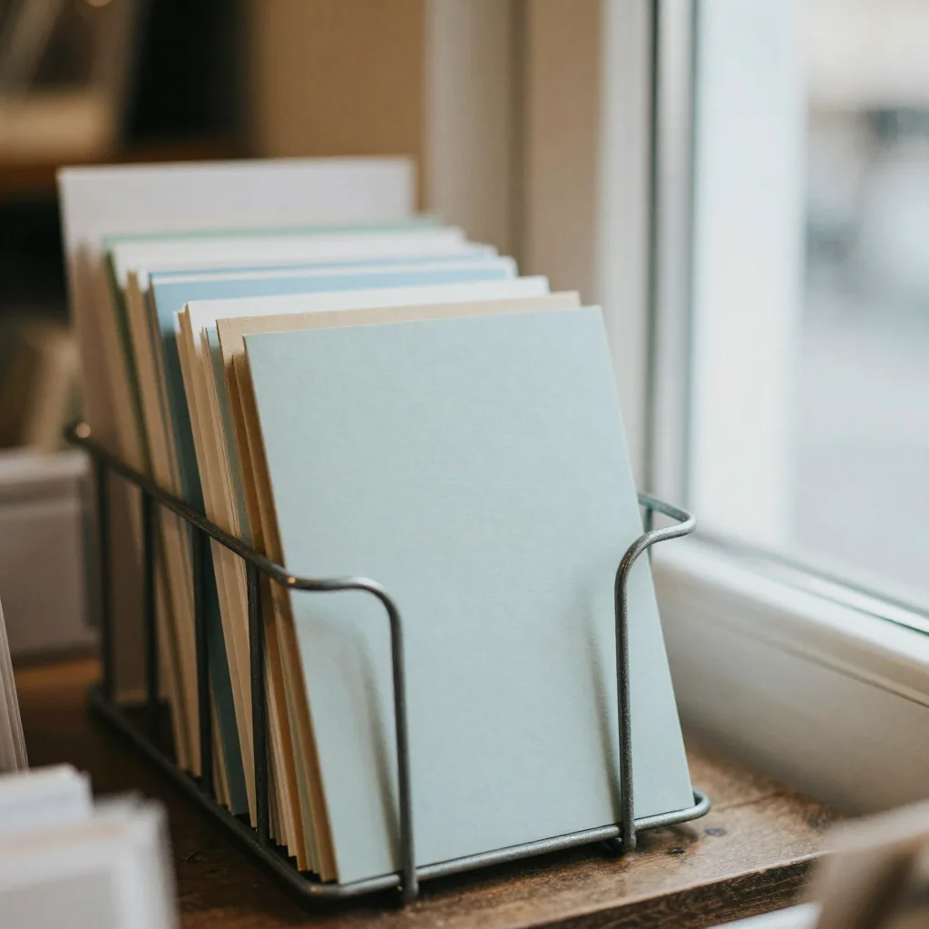 A vintage metal spinner rack of blank pastel greeting cards in a stationery boutique, soft window light, shallow depth of field on the front