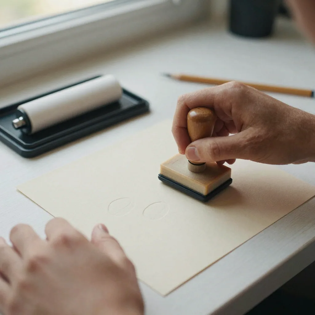 Hands pressing a blank embossed rubber stamp onto plain cream cardstock at a craft desk, ink pad and roller nearby, cozy afternoon light