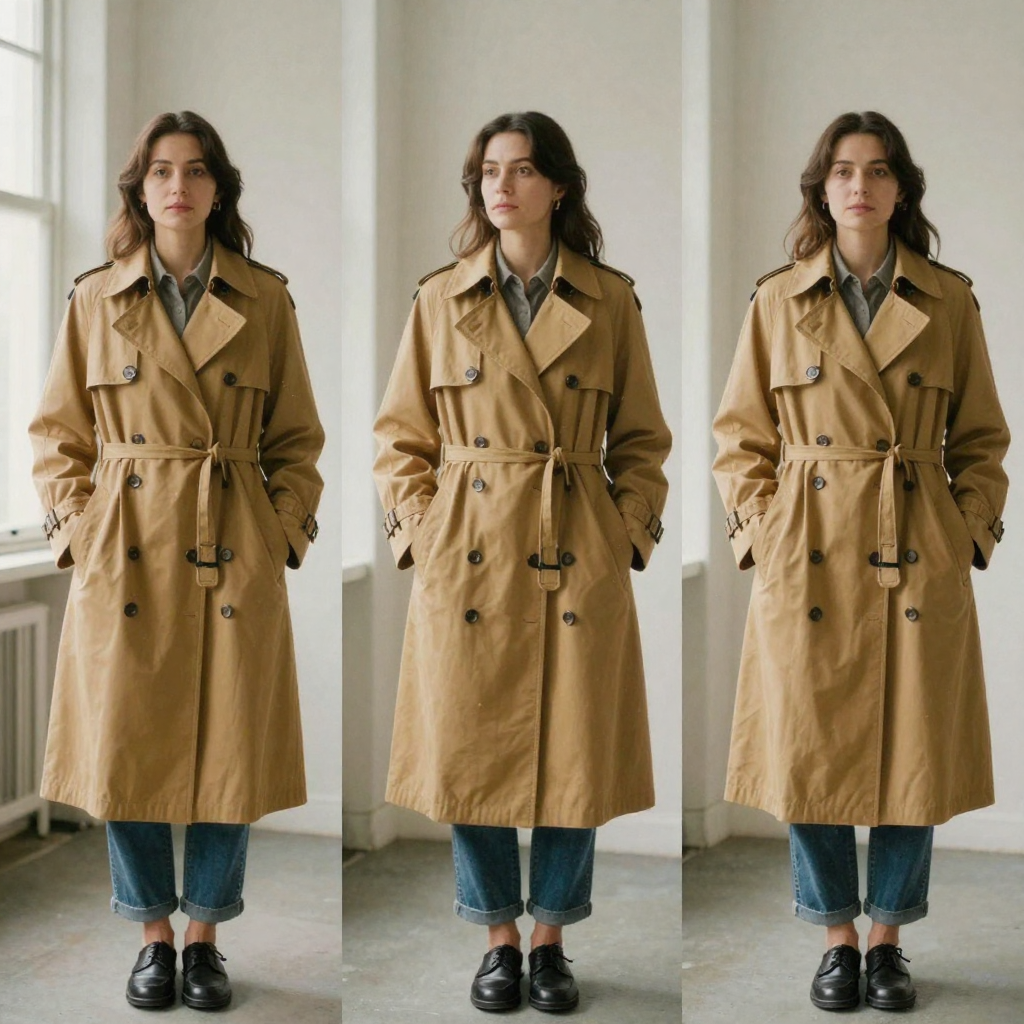A woman in a mustard trench coat photographed in three distinct standing poses against a plain studio backdrop, her exac