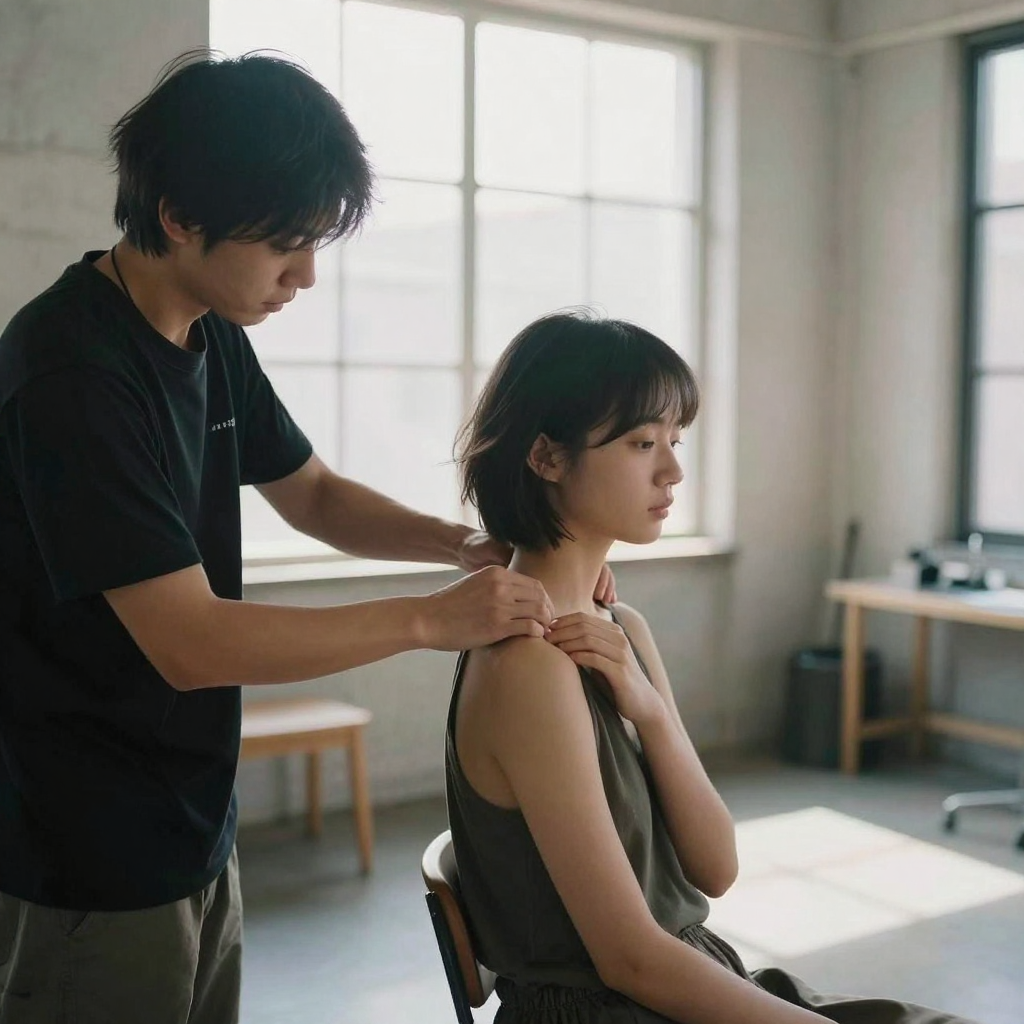 A photographer's assistant gently repositioning a seated model's shoulders and turning her chin, the model holding a rel