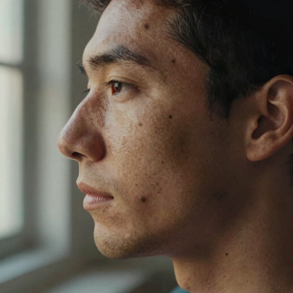 Close-up of a man's face in profile then three-quarter turn, the same freckles, mole and jawline preserved as his head r