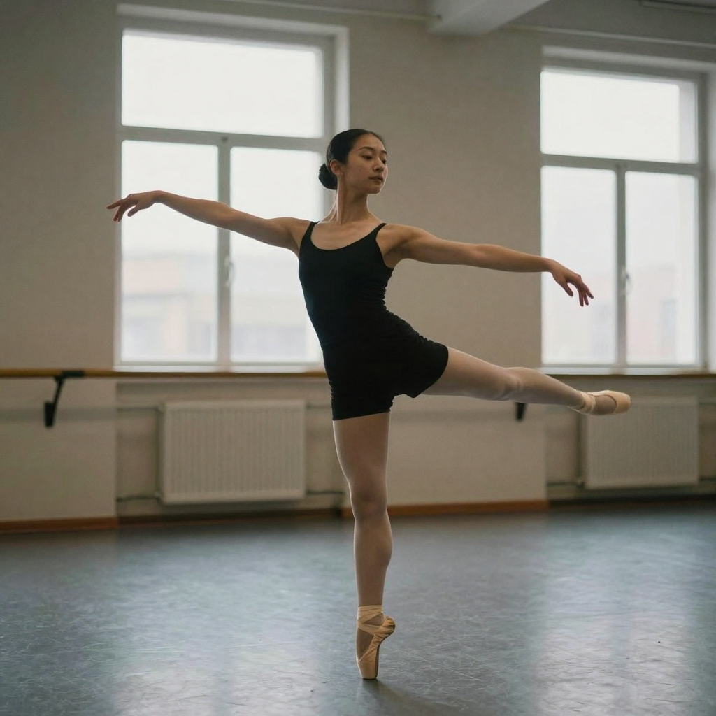 A dancer captured mid-motion in an empty rehearsal room, arms extended in an arabesque, her recognizable face sharp and