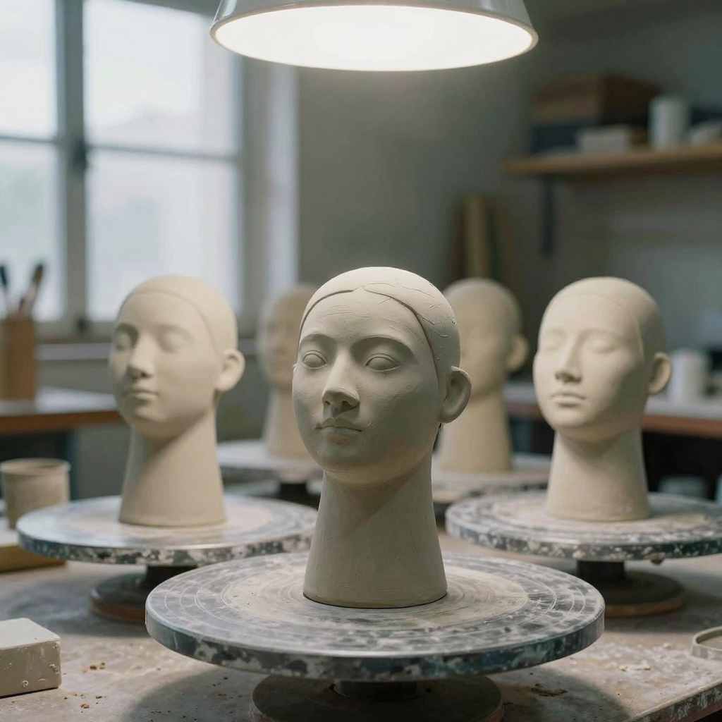 A ceramic figurine of a person turned to four different angles on a rotating turntable in a workshop, the sculpted facia
