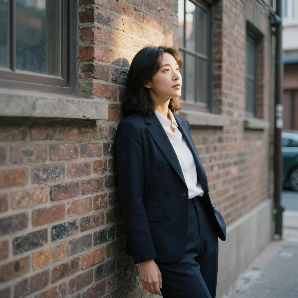 A businesswoman standing then leaning against a brick wall in an alley at golden hour, the same face and hairstyle throu
