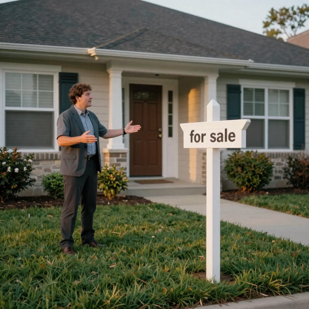 A real estate agent standing on the front lawn of a bright suburban house at golden hour, gesturing toward the entrance,
