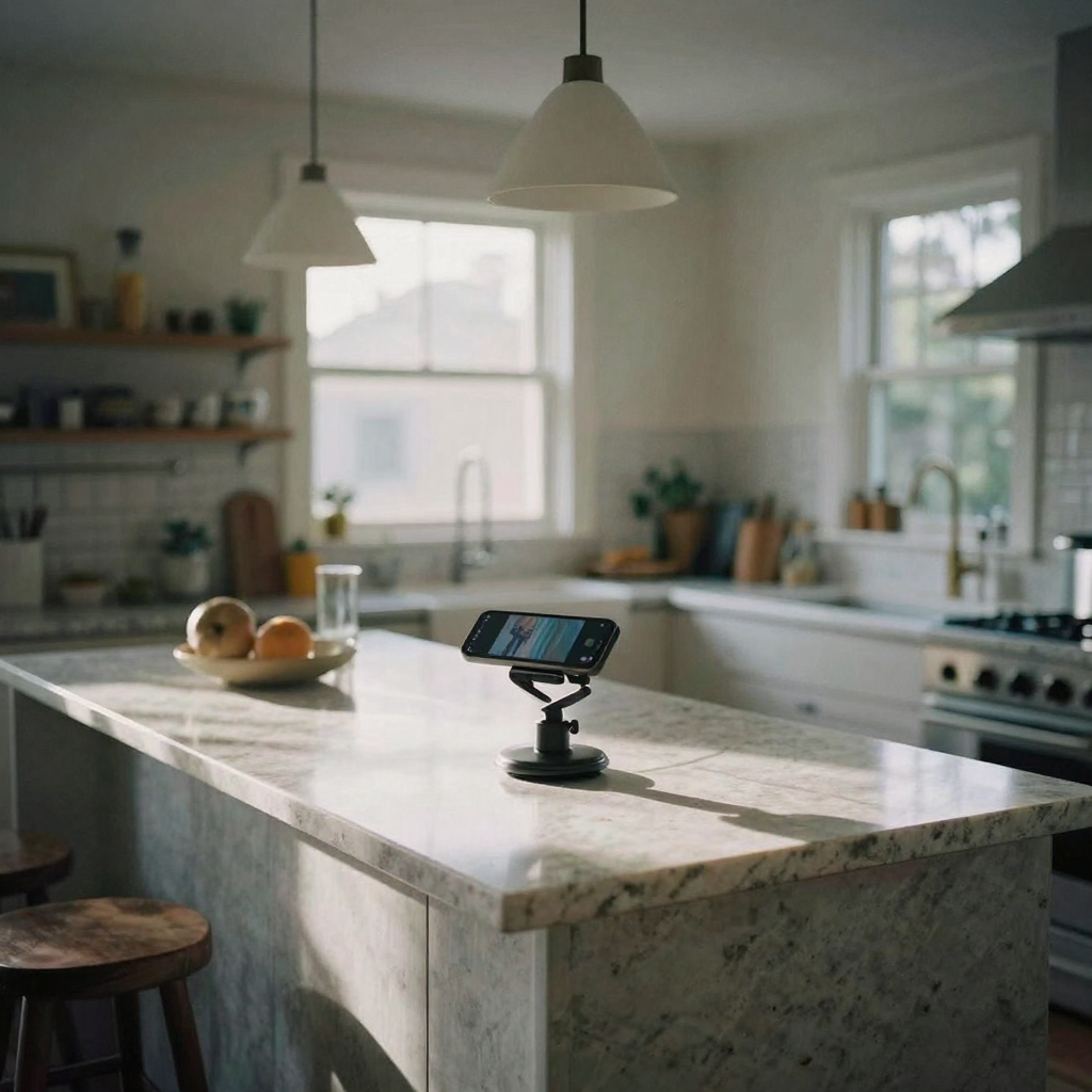 A phone on a gimbal gliding through a sunlit open-concept kitchen with a waterfall island and pendant lights, gleaming q