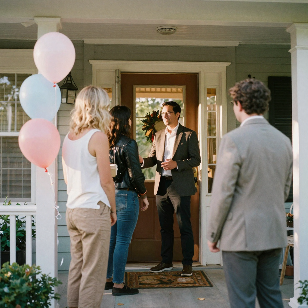 An agent in a blazer greeting visitors at an open house doorway, balloons tied to the porch rail, warm afternoon sun on