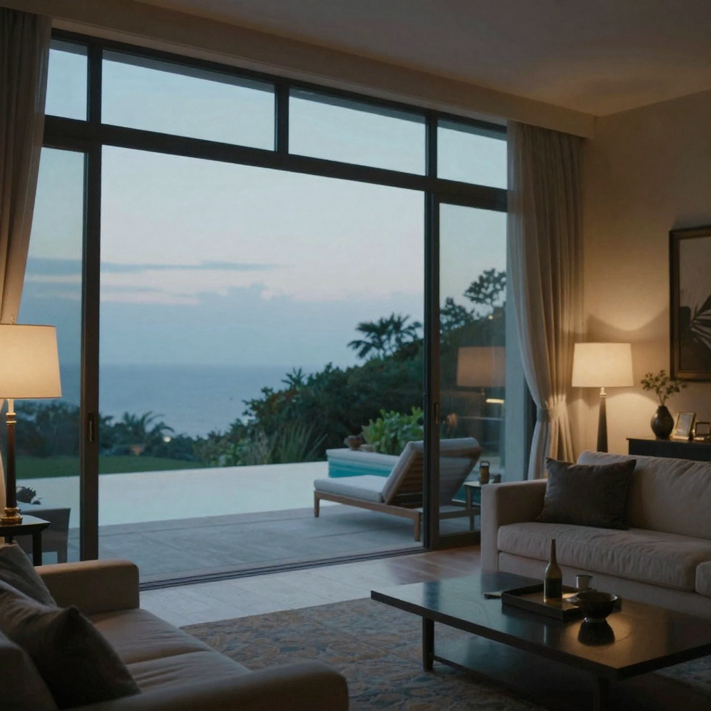 A cinematic wide shot of a luxury living room with floor-to-ceiling windows overlooking a pool at dusk, soft interior la