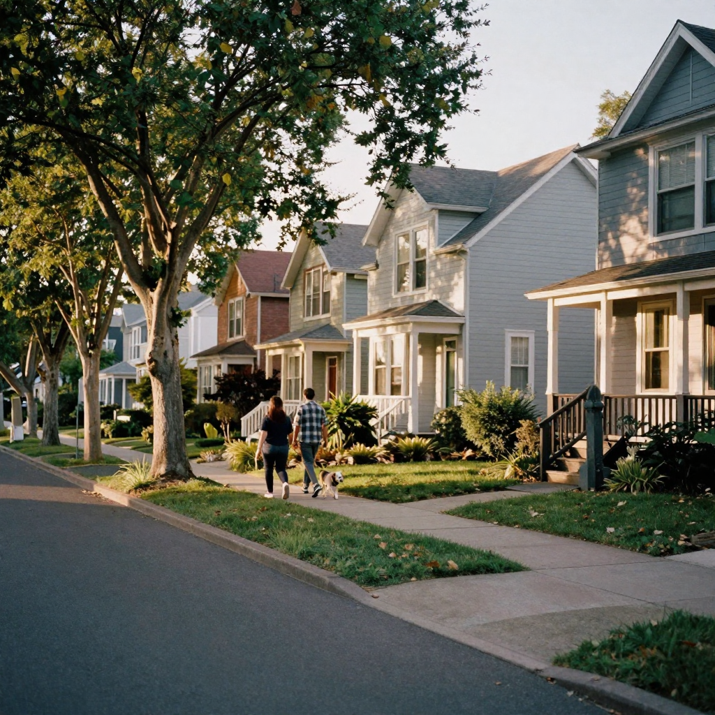 A leafy neighborhood street with tree-lined sidewalks and a couple walking a dog past craftsman homes, warm early-evenin