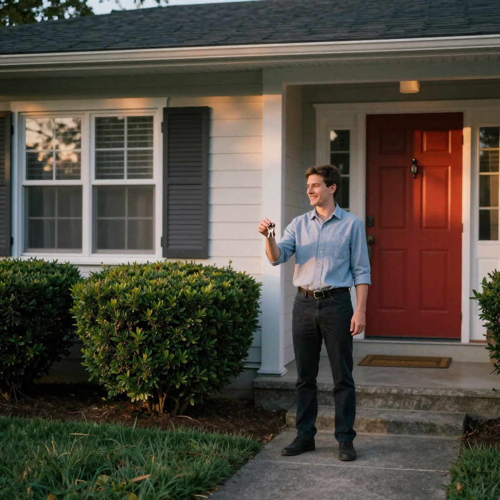 A sold house exterior at sunset with an agent smiling on the steps, keys in hand, manicured hedges and a red front door