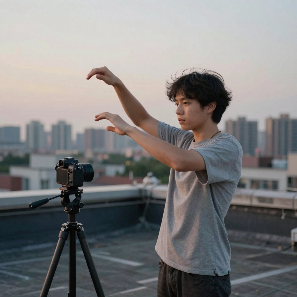 A young creator on a rooftop at blue hour, arms mid-gesture as she performs a short clip to a camera on a mini tripod, c