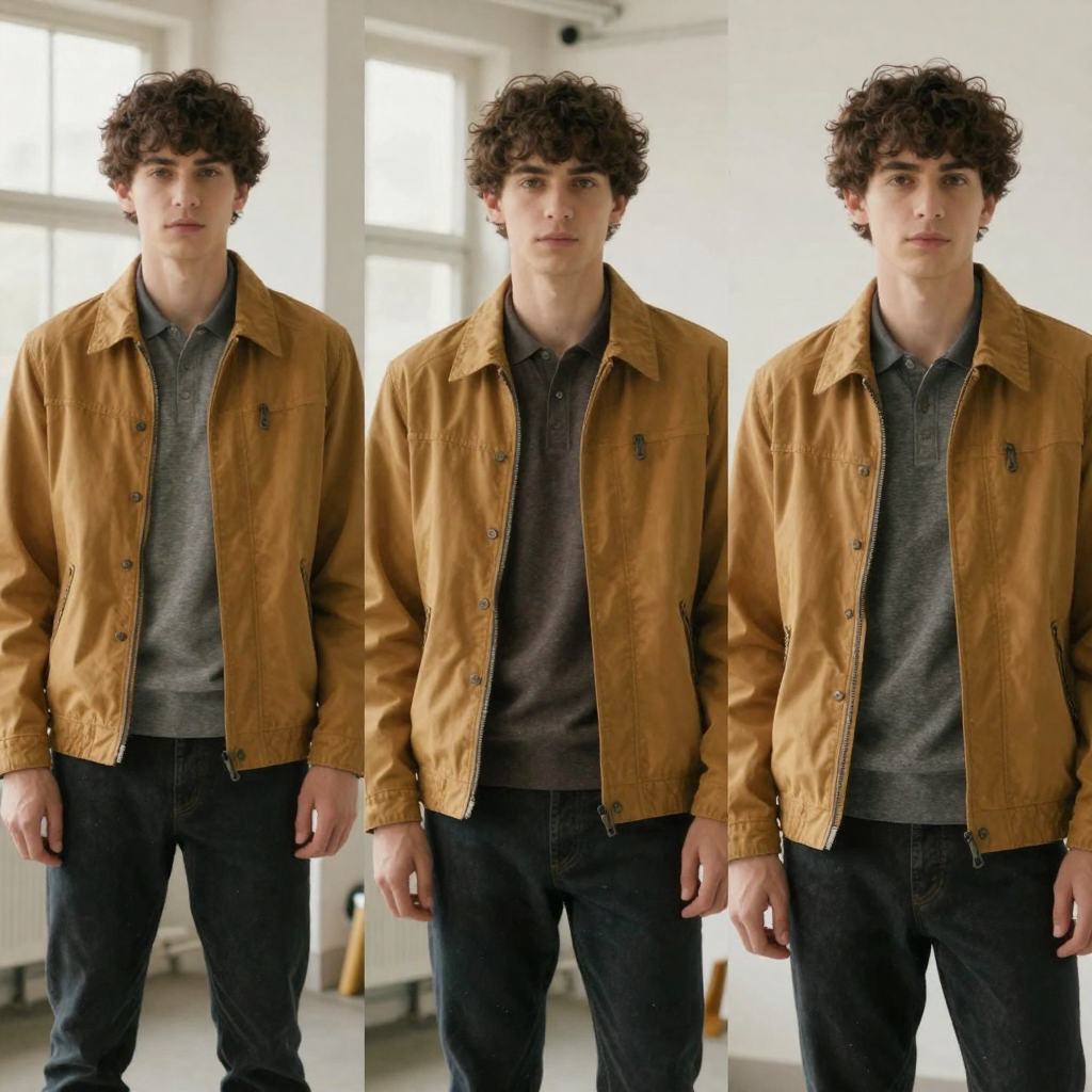 A recurring model character in a mustard jacket photographed across three matching wardrobe setups in one bright studio,