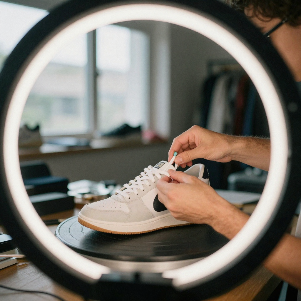 A product stylist arranging a sneaker on a rotating platform under a ring of soft light, hands adjusting the laces for a