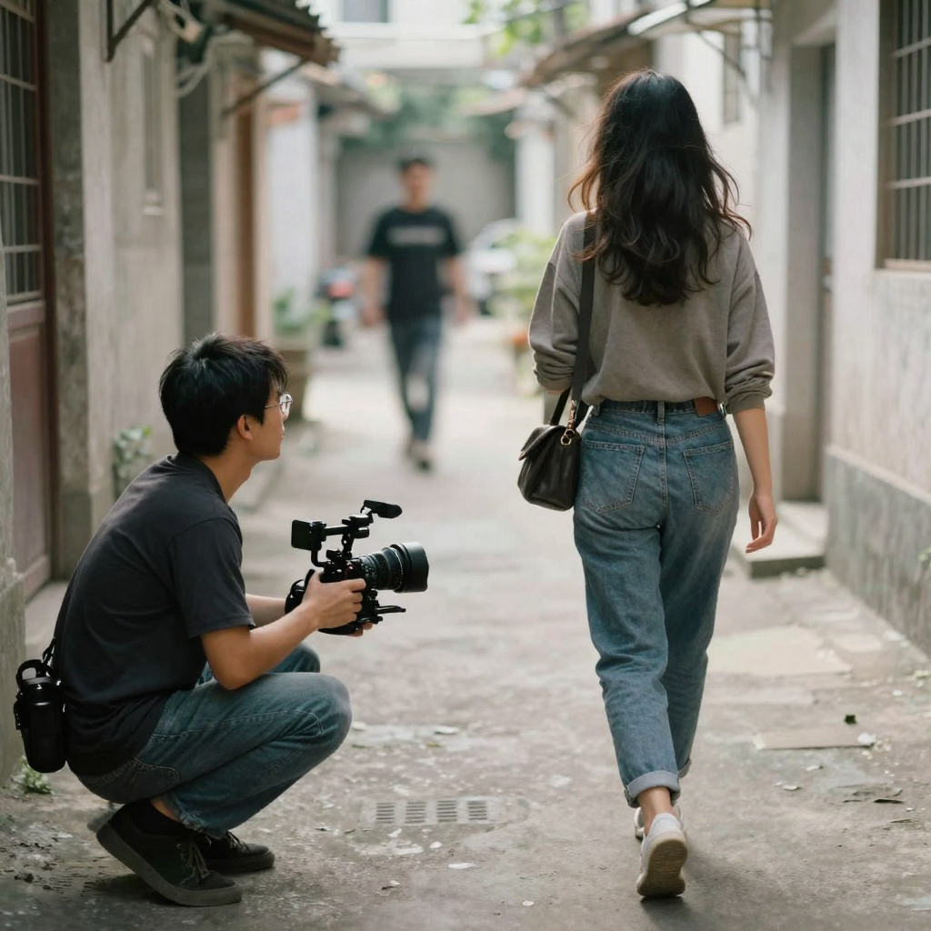 A filmmaker crouched with a gimbal following a woman walking down a sunlit alley, motion blur on the background, subject