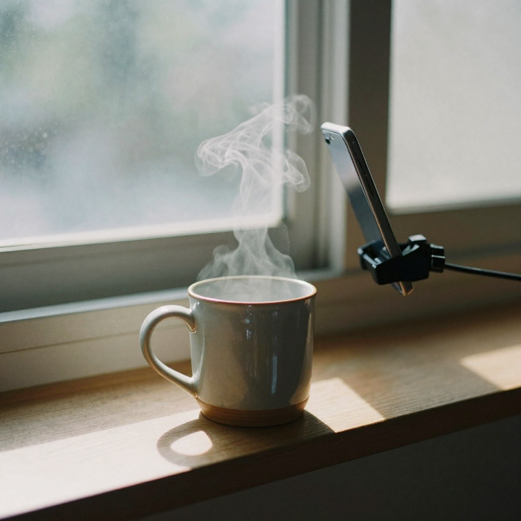 A ceramic mug on a wooden shelf catching low morning sun, steam curling upward, a phone on a small clamp arm positioned