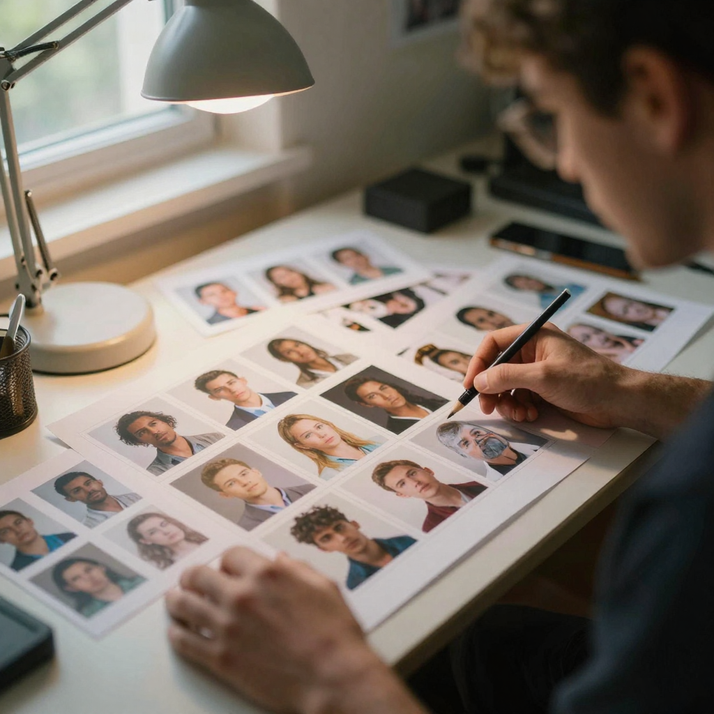 A creator reviewing a printed contact sheet of character stills spread across a desk, comparing consistent faces and out
