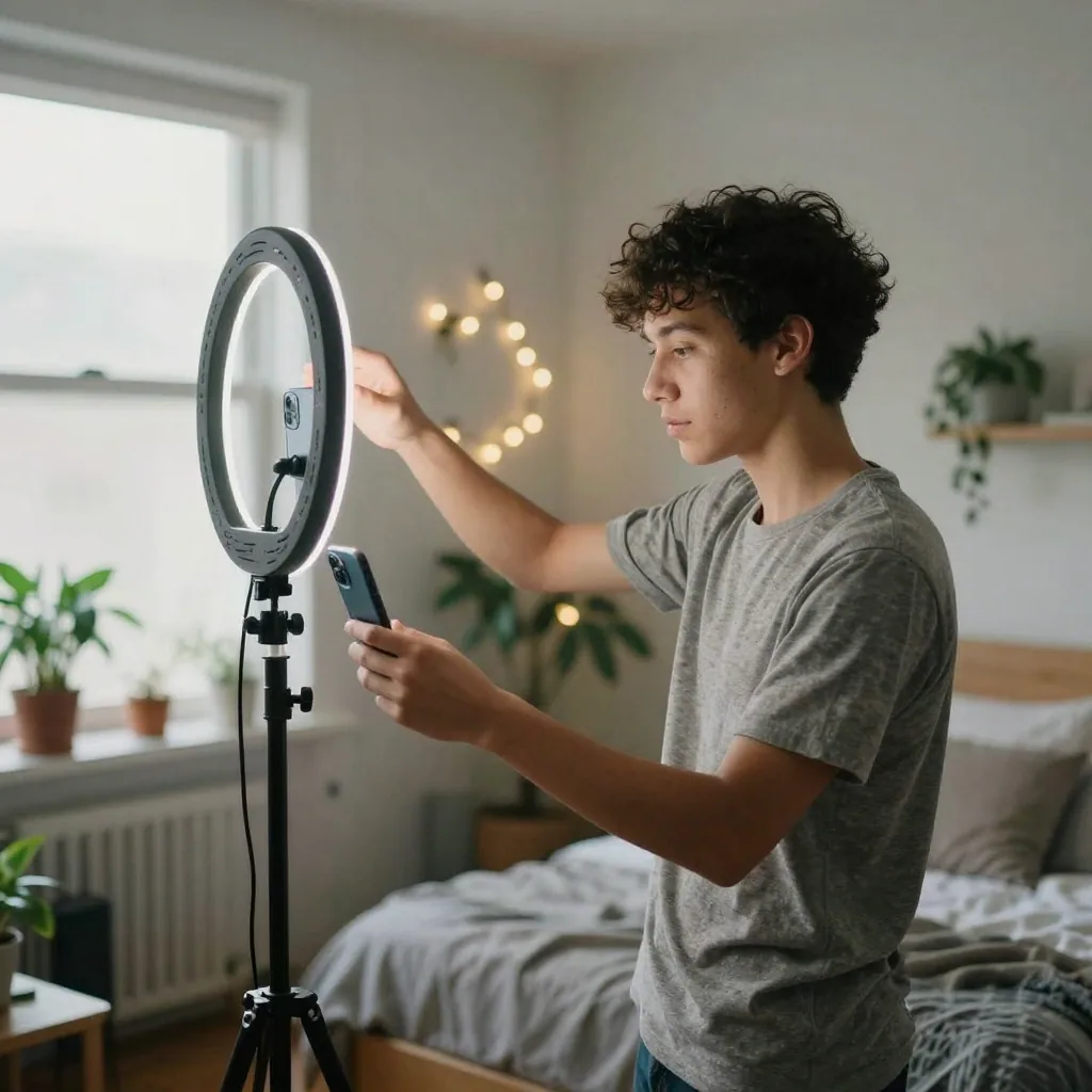A young creator setting up a smartphone on a tripod ring light in a tidy bedroom studio, adjusting the angle, plants and fairy lights soften