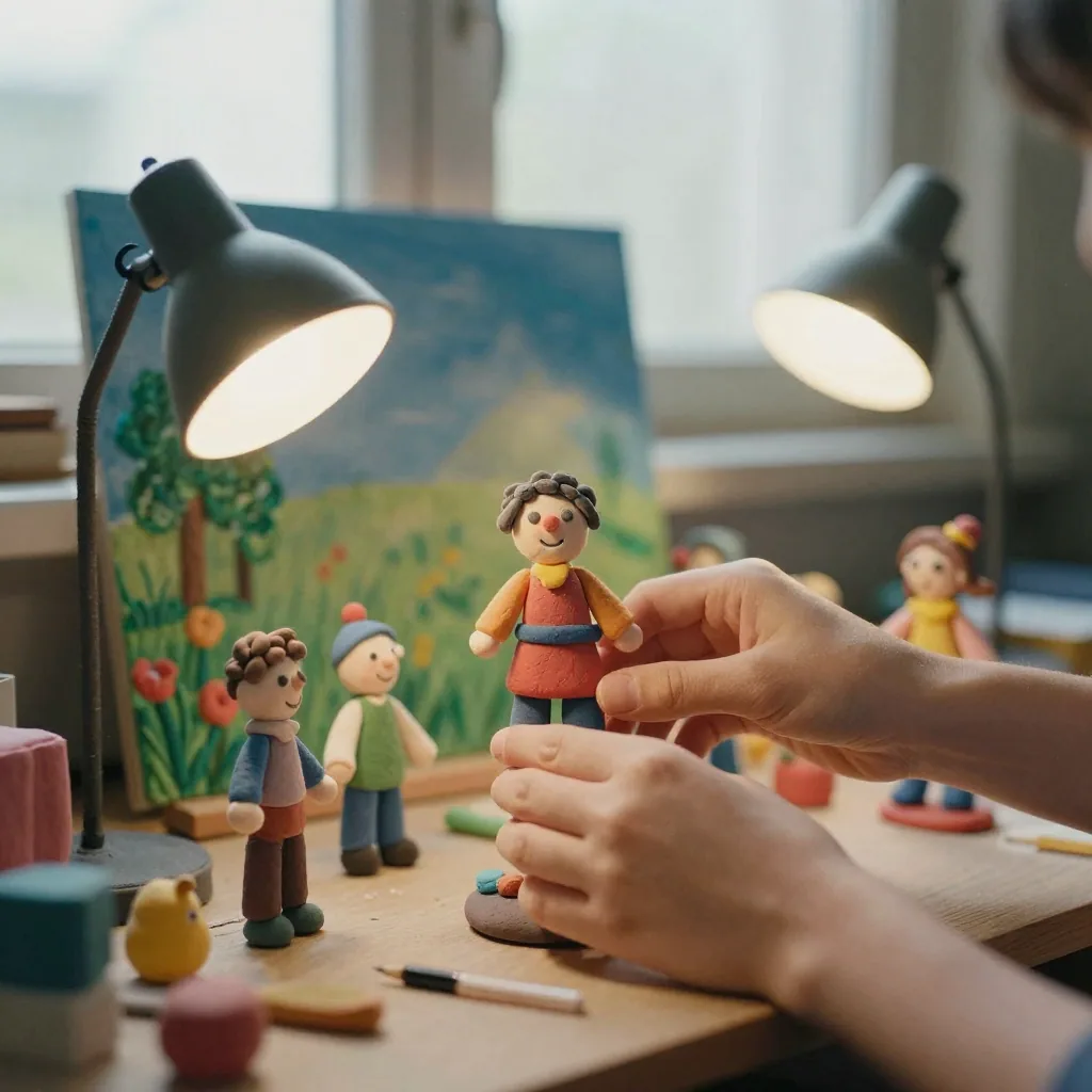 Close-up of hands stacking colorful stop-motion clay figures on a miniature set under bright work lamps, tiny props and a painted backdrop b
