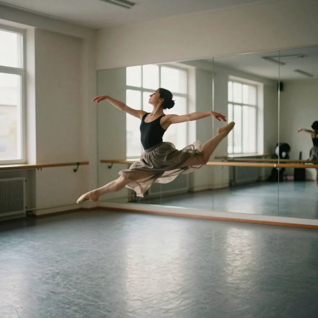 A dancer captured mid-leap in an empty sunlit dance studio, arms extended, motion blur on her flowing skirt, tall mirrors reflecting the lig