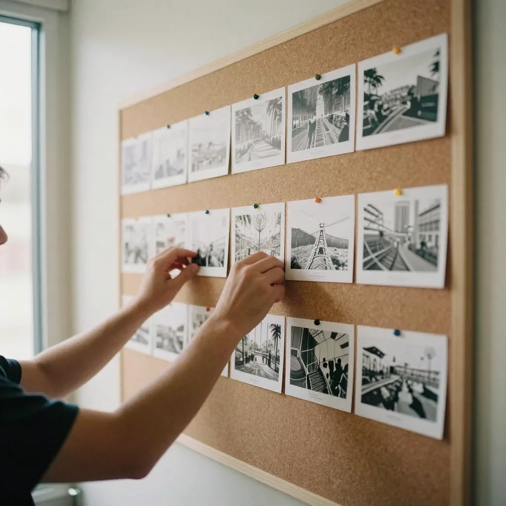 A film editor's hands arranging printed storyboard cards in sequence on a large corkboard, pinning them in rows, warm studio light across th
