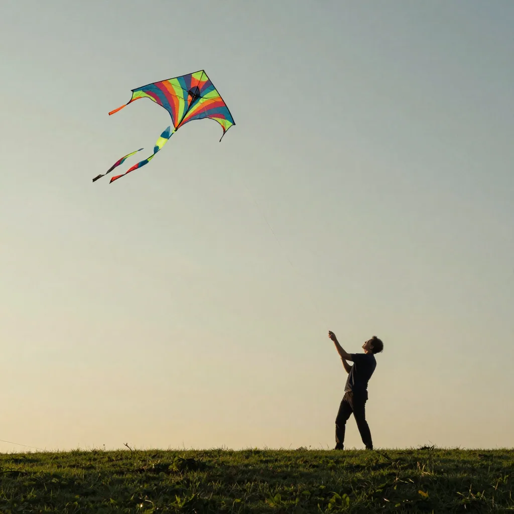 A kite flyer on a windswept green hilltop at golden hour, a large colorful kite arcing across the sky, silhouette leaning back holding the l