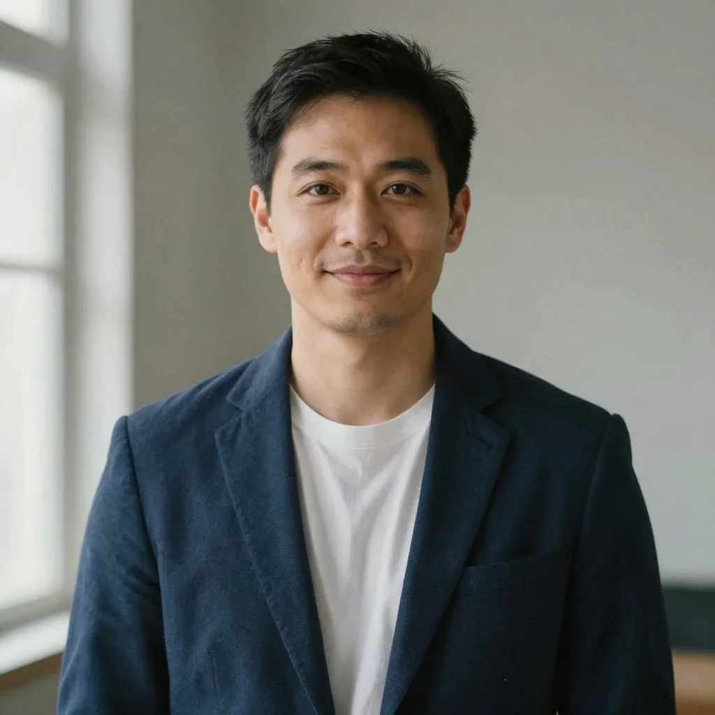 A confident man in a navy blazer photographed chest-up against a softly blurred neutral gray background, genuine slight 
