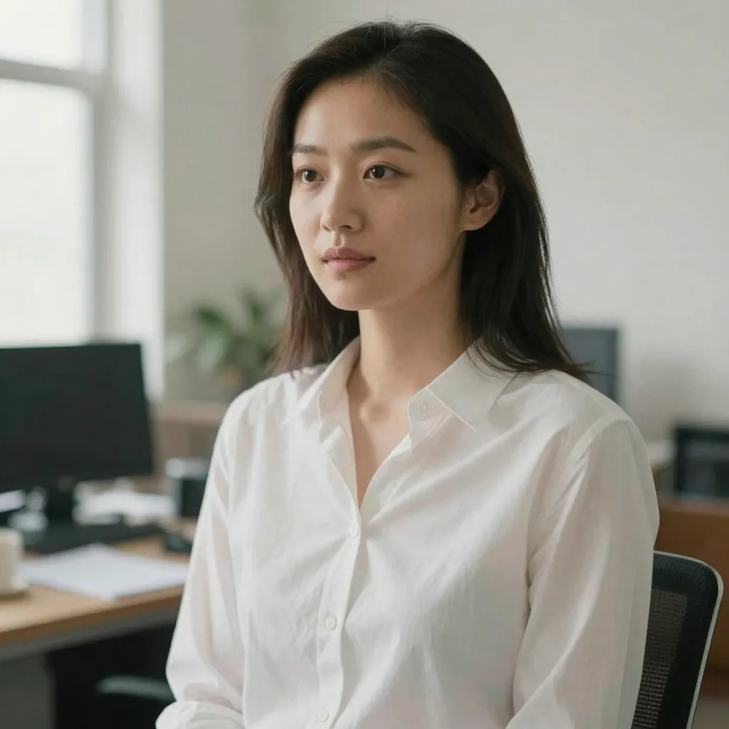 A woman in a crisp white blouse turned about fifteen degrees, shoulders angled while her eyes meet the lens, warm even l