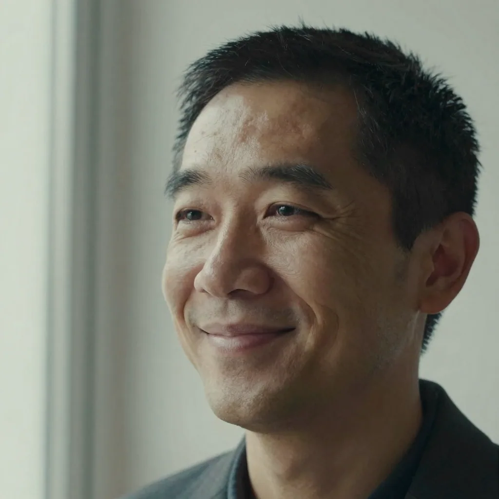 Close-up of a professional's face lit softly from a window in front of them, relaxed jaw and warm smile, clean light-ton
