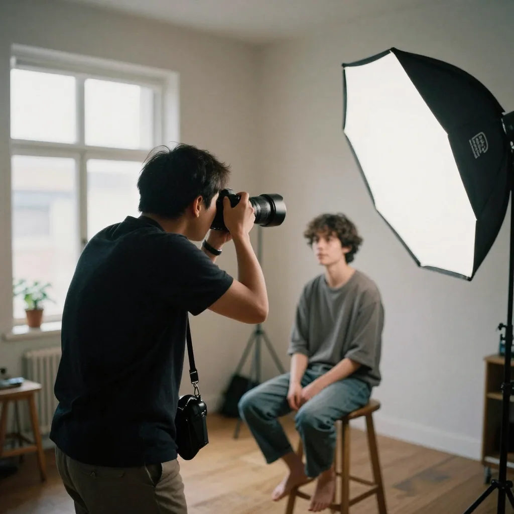 A photographer positioning a soft-box light in front of a subject seated on a stool against a plain backdrop in a home s