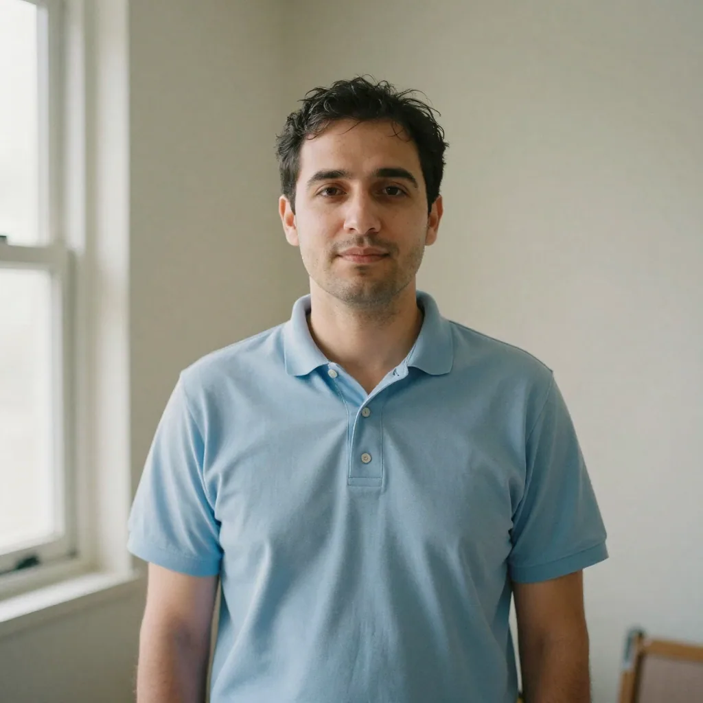 A man in a healthcare polo standing in soft daylight against a plain wall, approachable posture, chest-up framing, no bu