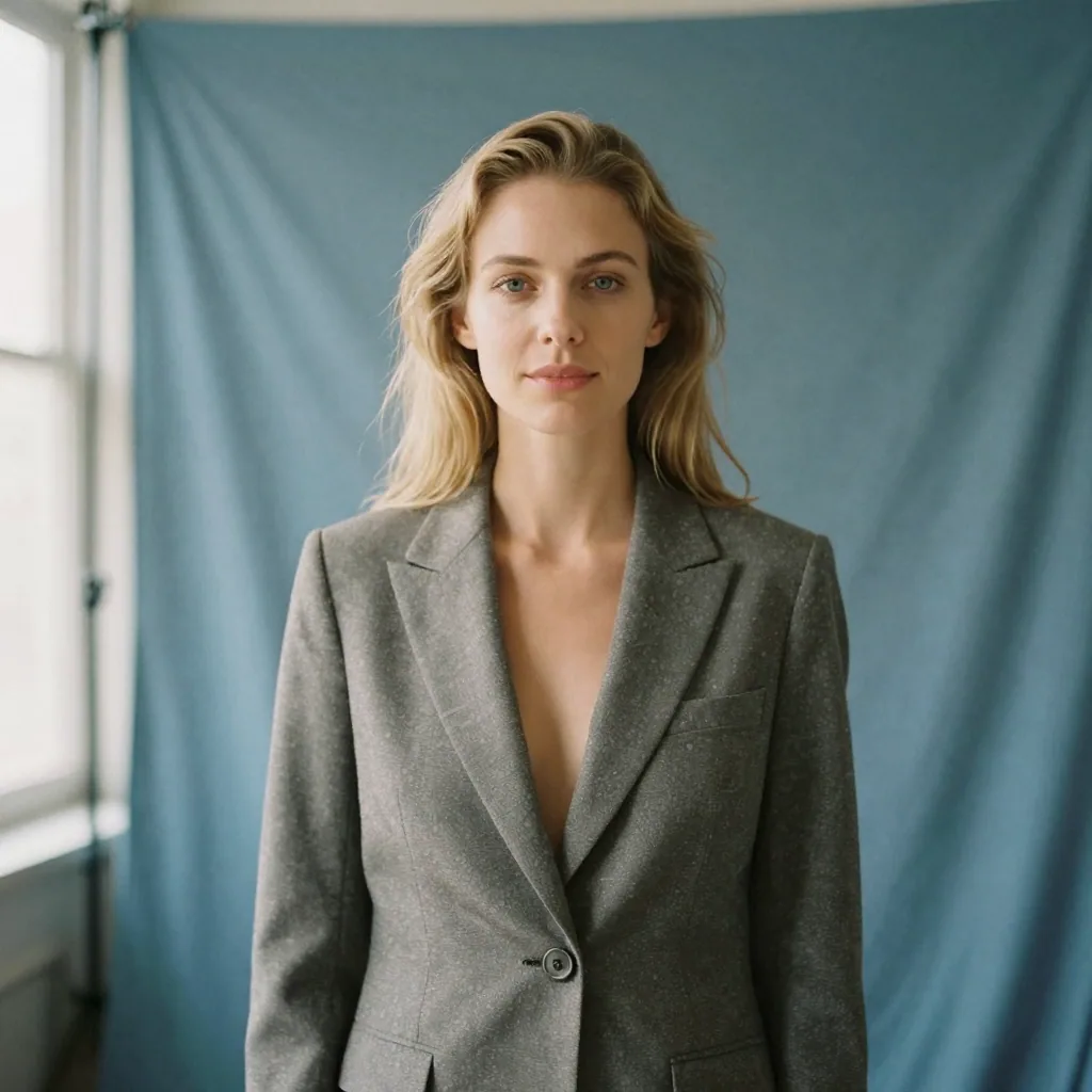 A woman in a tailored blazer standing before a mid-tone blue seamless backdrop, contrasting with her light hair, poised 